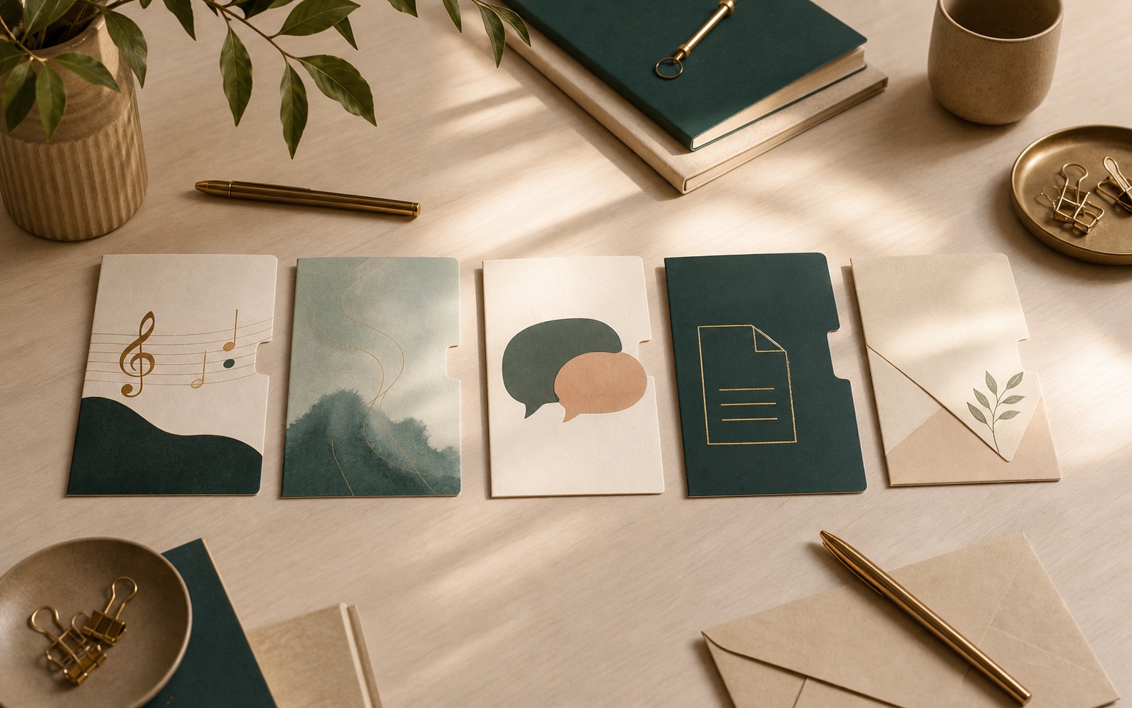 Cinco tarjetas organizadas que representan las líneas de servicio de Clear Guide Studio.