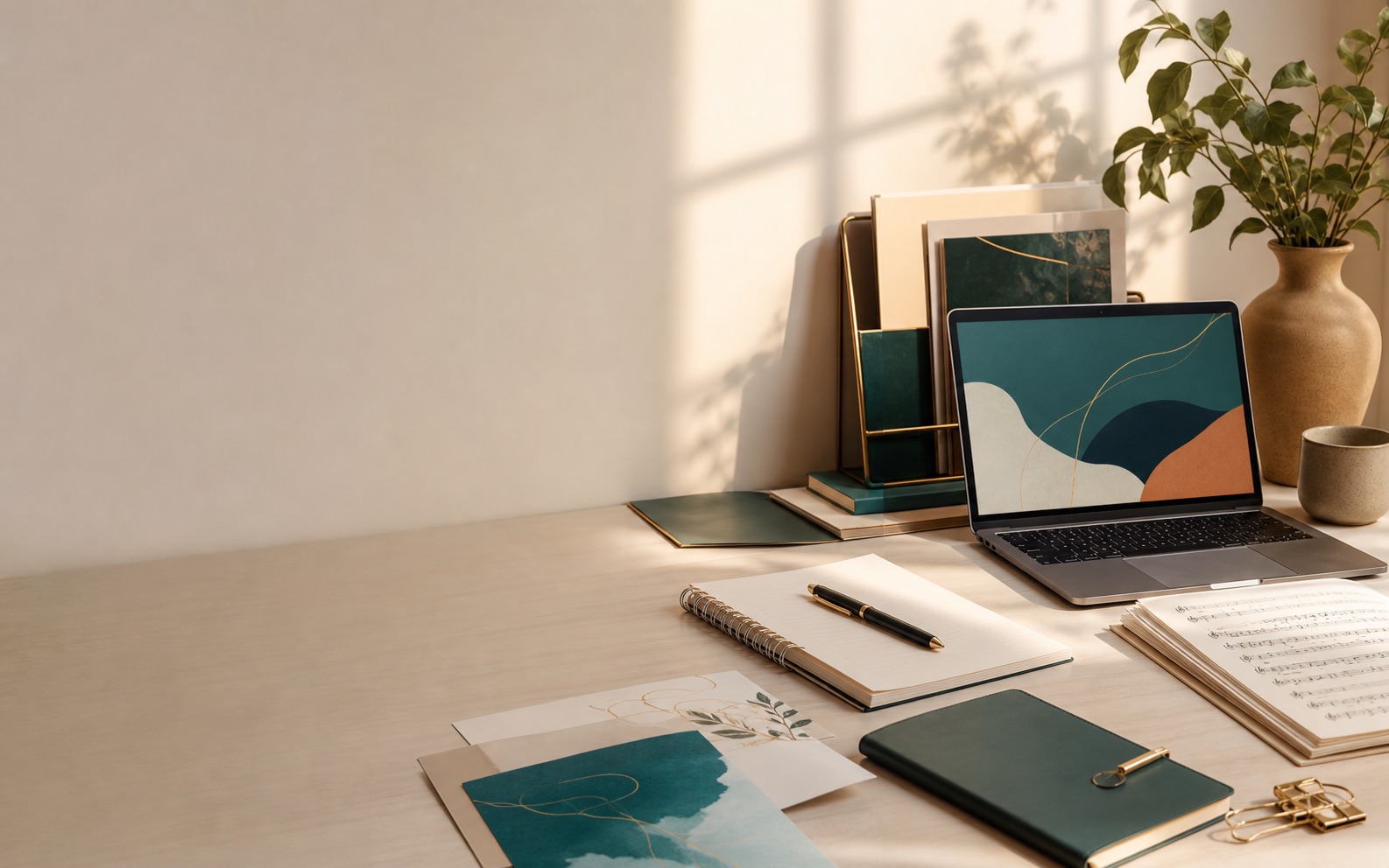 Warm studio desk with organized service materials, laptop, notebooks, and invitation paper.
