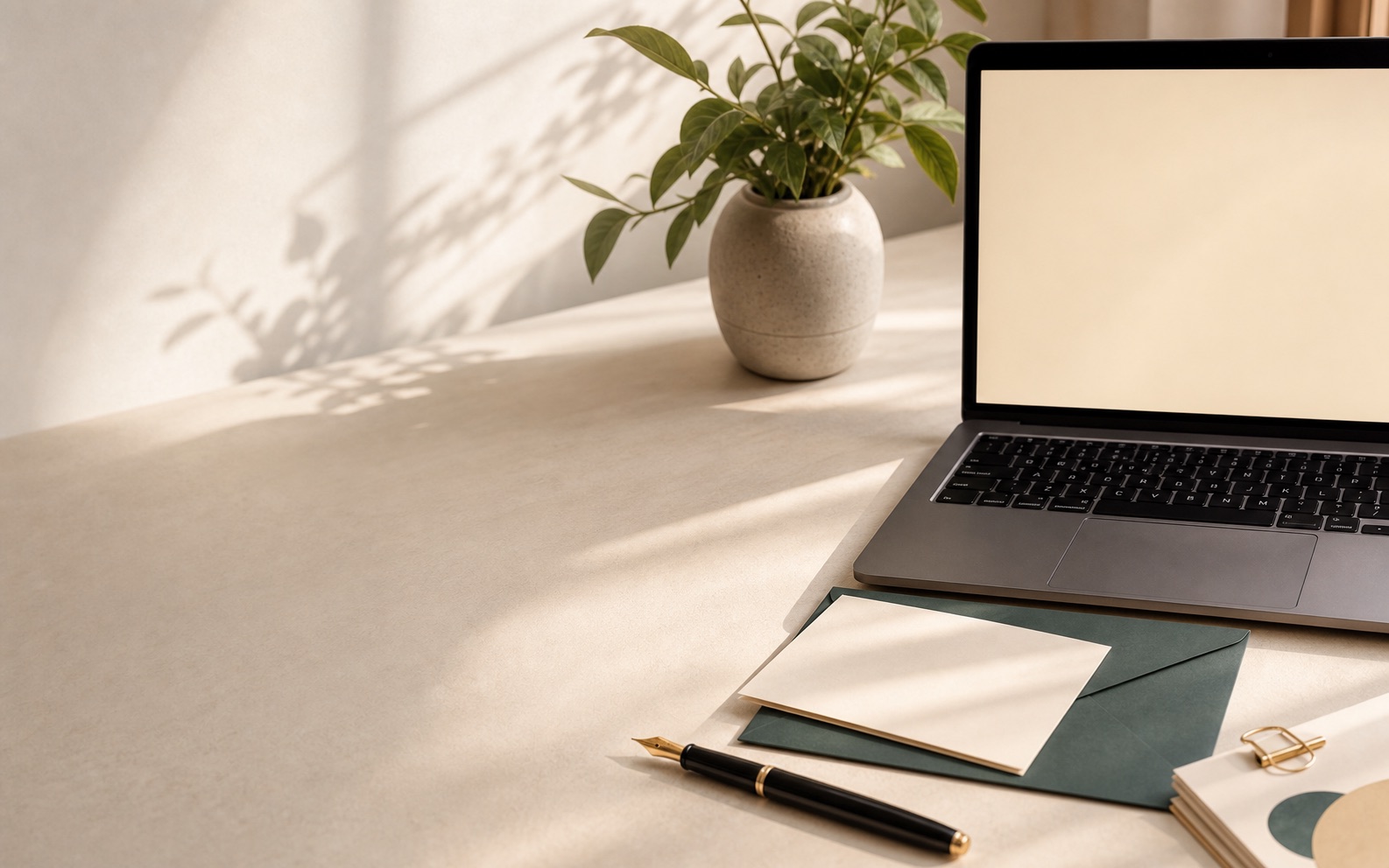 Minimal email contact desk with laptop, blank envelope, pen, and plant in warm daylight.