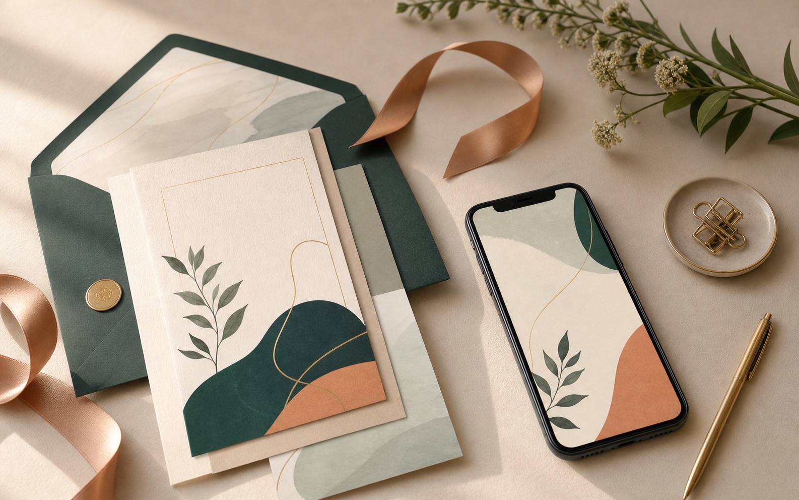 Custom invitation cards, envelope, ribbon, flowers, and phone with abstract invitation design.